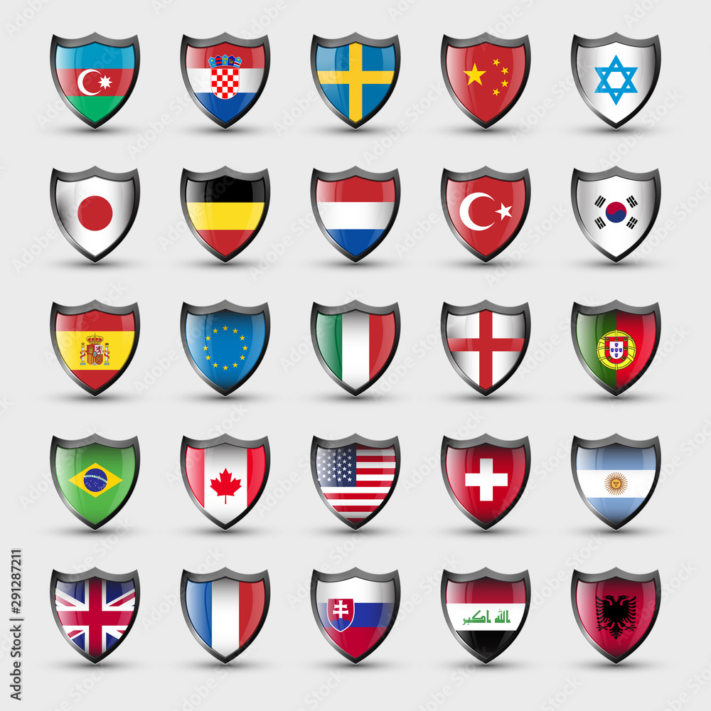 National flags of the world in the shield shape National flags of the world in the shield shape