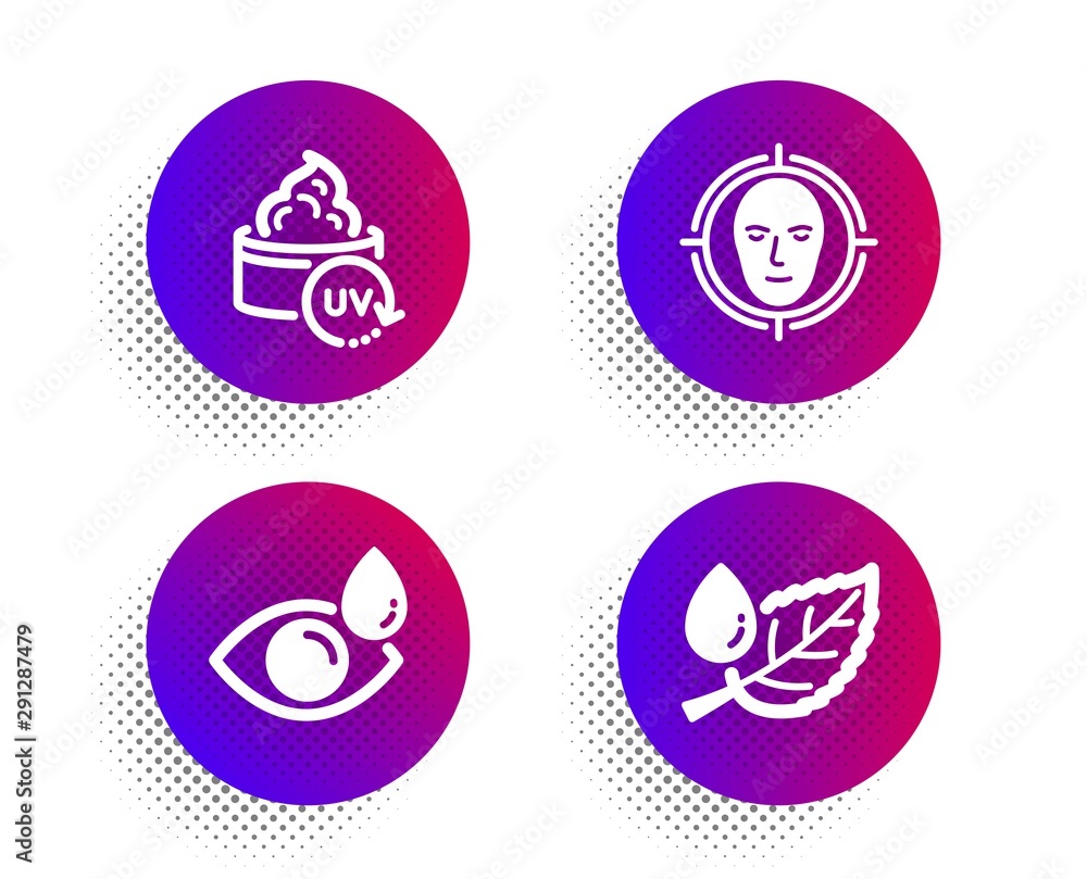 Uv protection, Face detect and Eye drops icons simple set. Halftone dots button. Leaf dew sign. Skin cream, Select target, Check vision. Water drop. Healthcare set. Vector Uv protection, Face detect and Eye drops icons simple set. Halftone dots button. Leaf dew sign. Skin cream, Select target, Check vision. Water drop. Healthcare set. Vector