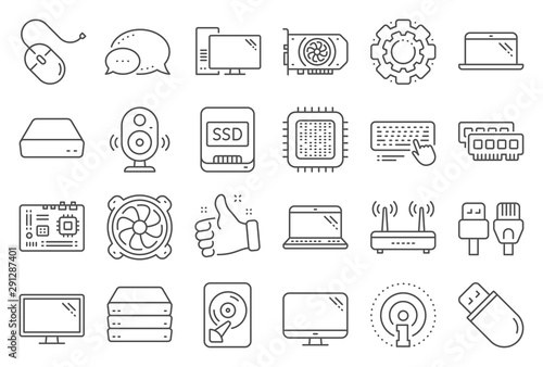 Computer components, Laptop, SSD line icons. Motherboard, CPU, Internet cables icons. Wifi router, computer monitor, Graphic card. Keyboard, SSD device. Internet cables, laptop components. Vector