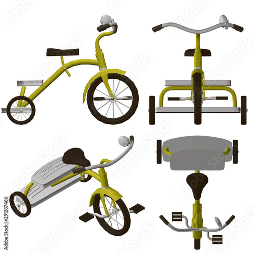 Set with a children's tricycle. Polygonal detailed bike. Isometric view, front, top and side. 3D. Vector illustration.