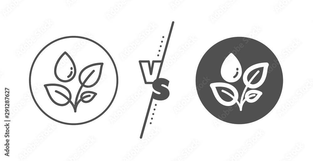 Leaves dew sign. Versus concept. Plants watering line icon. Environmental care symbol. Line vs classic plants watering icon. Vector Leaves dew sign. Versus concept. Plants watering line icon. Environmental care symbol. Line vs classic plants watering icon. Vector