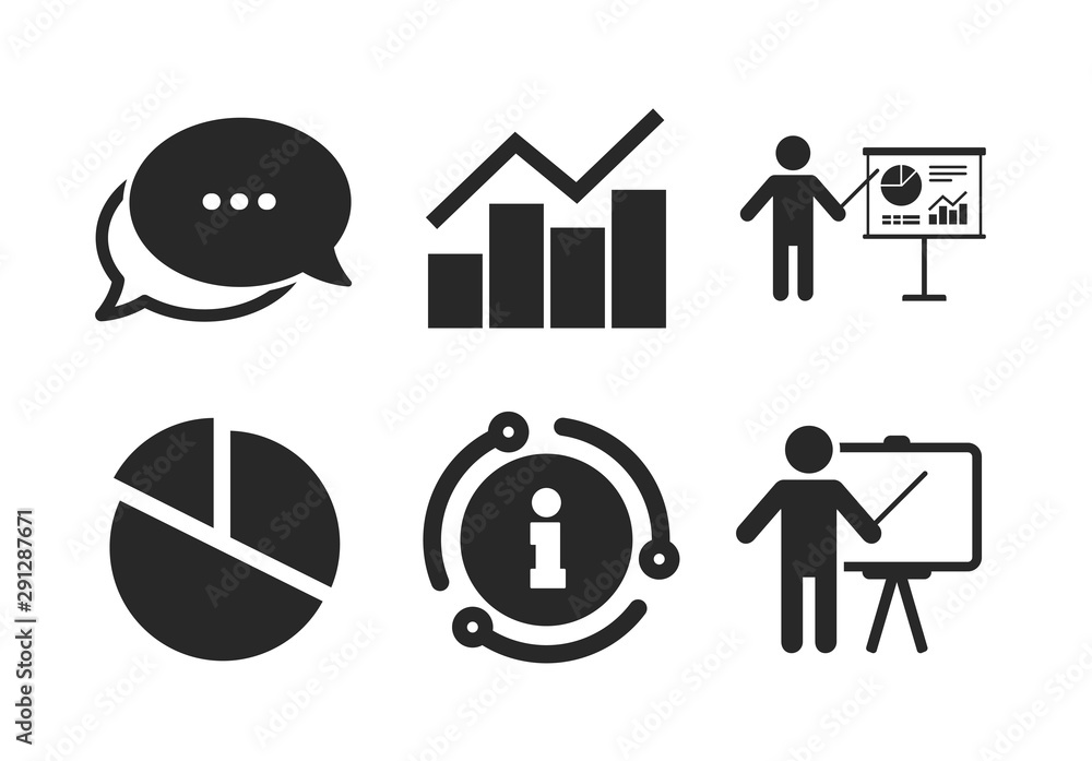 Presentation billboard symbol. Chat, info sign. Diagram graph Pie chart icon. Man standing with pointer sign. Classic style speech bubble icon. Vector Presentation billboard symbol. Chat, info sign. Diagram graph Pie chart icon. Man standing with pointer sign. Classic style speech bubble icon. Vector