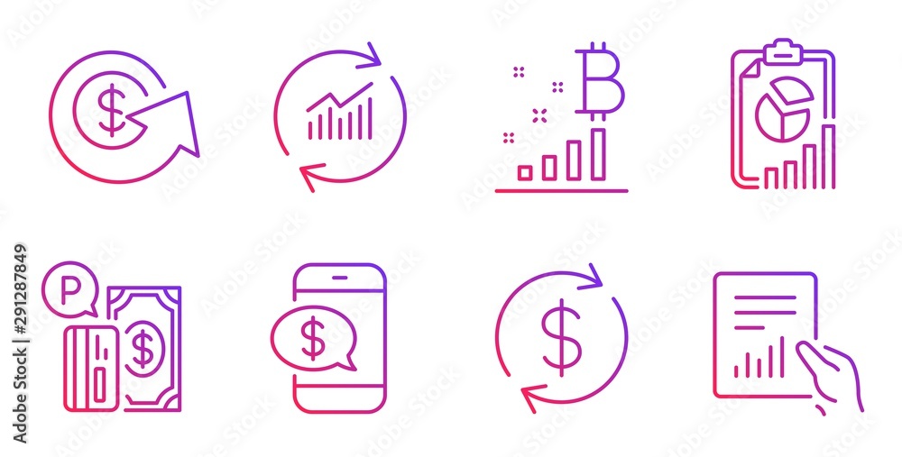 Bitcoin graph, Report and Parking payment line icons set. Usd exchange, Phone payment and Update data signs. Dollar exchange, Document symbols. Cryptocurrency analytics, Presentation chart. Vector Bitcoin graph, Report and Parking payment line icons set. Usd exchange, Phone payment and Update data signs. Dollar exchange, Document symbols. Cryptocurrency analytics, Presentation chart. Vector