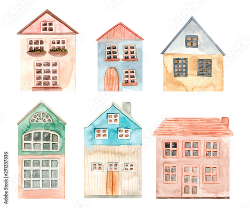 Hand painted watercolor cute house. Isolated on white background. Hand drawn illustration.