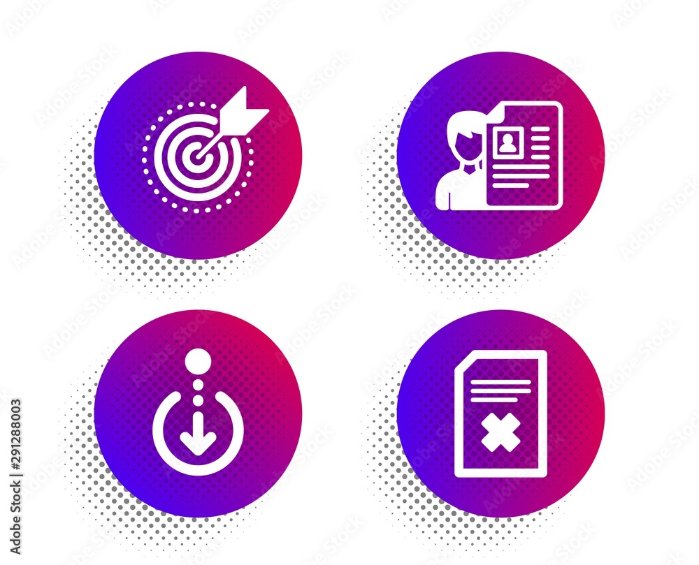Target purpose, Scroll down and Job interview icons simple set. Halftone dots button. Delete file sign. Business focus, Swipe screen, Cv file. Remove document. Business set. Vector Target purpose, Scroll down and Job interview icons simple set. Halftone dots button. Delete file sign. Business focus, Swipe screen, Cv file. Remove document. Business set. Vector