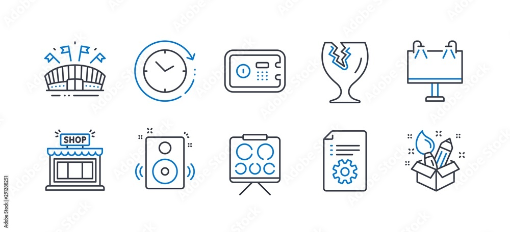 Set of Business icons, such as Speakers, Sports arena, Vision board, Road banner, Technical documentation, Shop, Safe box, Fragile package, Time change, Creativity line icons. Vector Set of Business icons, such as Speakers, Sports arena, Vision board, Road banner, Technical documentation, Shop, Safe box, Fragile package, Time change, Creativity line icons. Vector