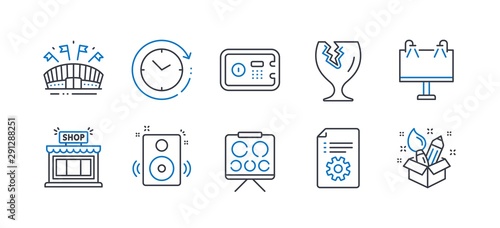 Set of Business icons, such as Speakers, Sports arena, Vision board, Road banner, Technical documentation, Shop, Safe box, Fragile package, Time change, Creativity line icons. Vector
