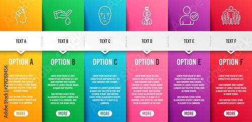 Wash hands, Manager and Identity confirmed line icons set. Infographic timeline. Face biometrics, Brand ambassador and Group signs. Skin care, Work profit, Person validated. Facial recognition. Vector