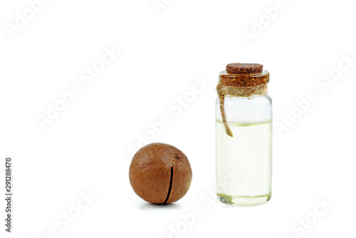 Unshelled macadamia nut and oil on white background