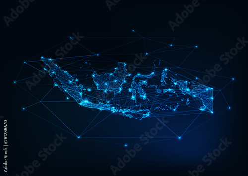Indonesia map glowing silhouette outline made of stars lines dots triangles, low polygonal shapes.