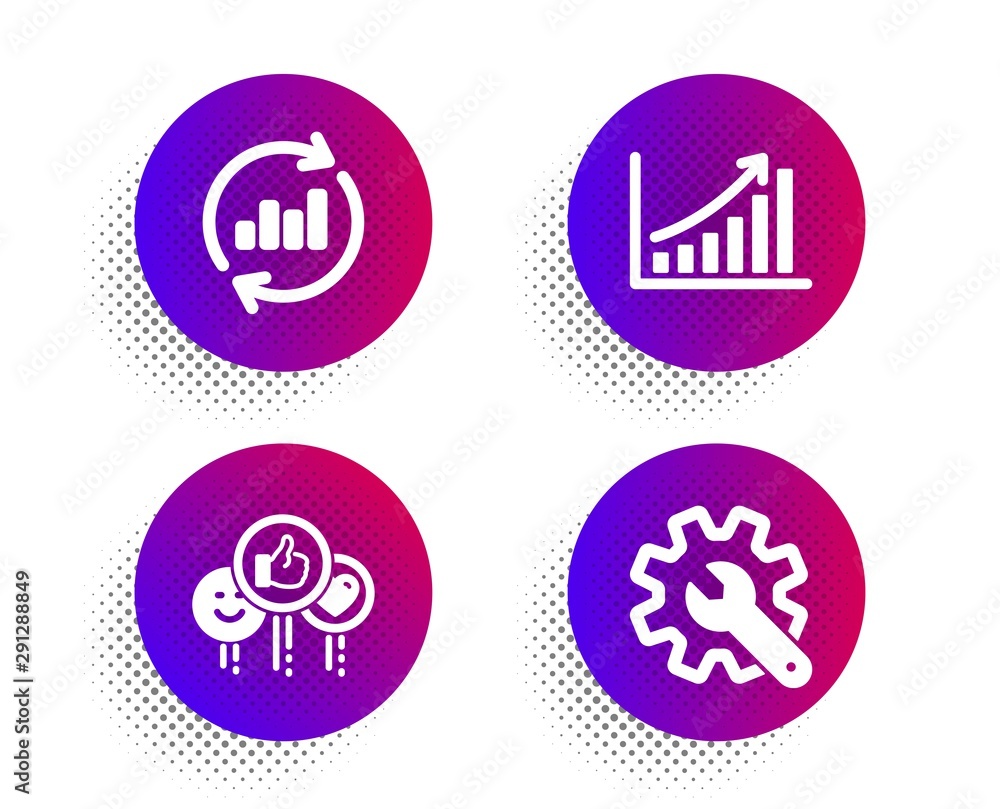 Like, Update data and Graph chart icons simple set. Halftone dots button. Customisation sign. Social media likes, Sales chart, Growth report. Settings. Technology set. Classic flat like icon. Vector Like, Update data and Graph chart icons simple set. Halftone dots button. Customisation sign. Social media likes, Sales chart, Growth report. Settings. Technology set. Classic flat like icon. Vector