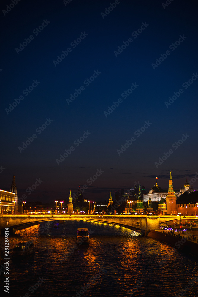 The capital of Russia is Moscow, night shooting. Evening panorama of the modern city. Red Square.