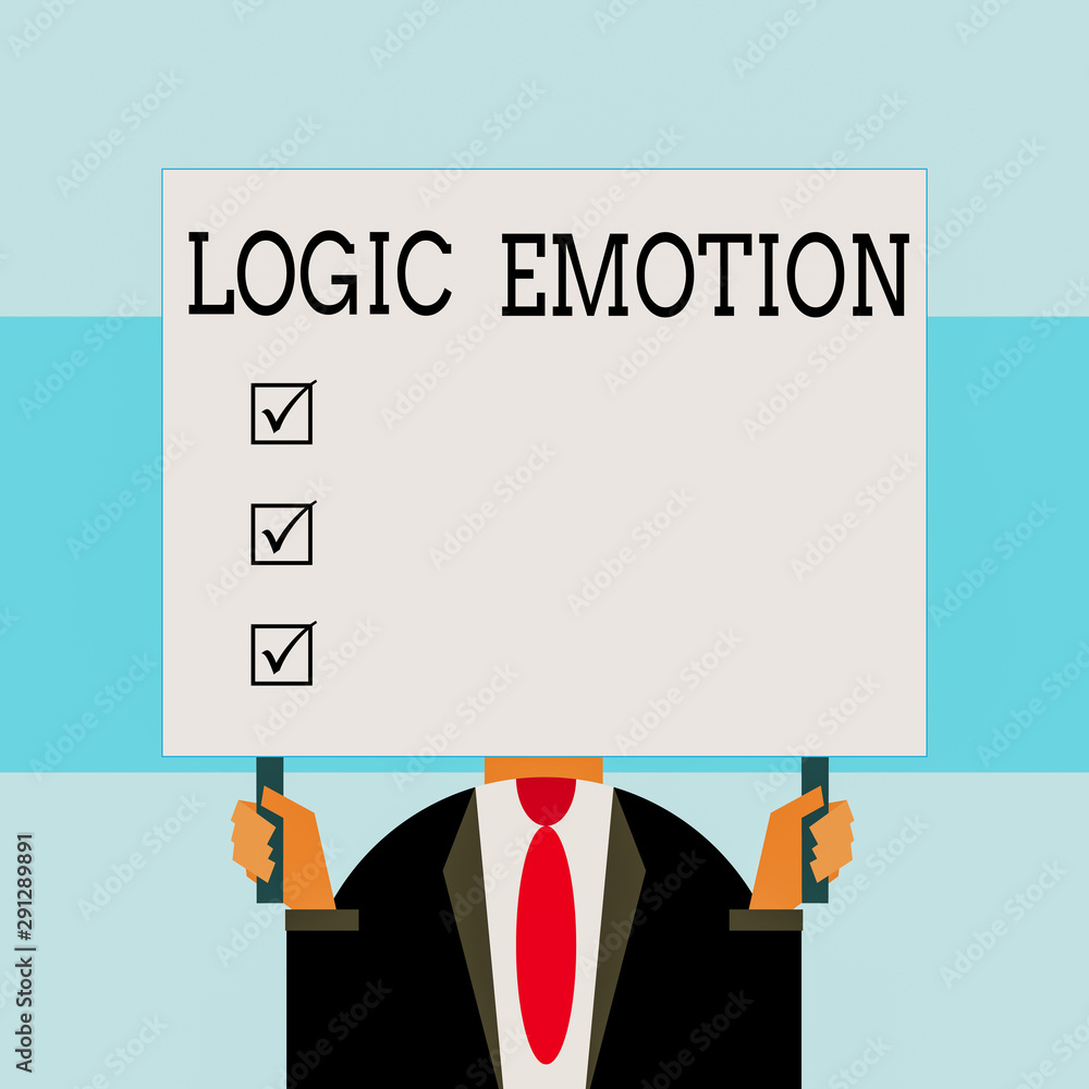 Writing note showing Logic Emotion. Business concept for Unpleasant Feelings turned to Self Respect Reasonable Mind Just man chest dressed dark suit tie holding big rectangle Writing note showing Logic Emotion. Business concept for Unpleasant Feelings turned to Self Respect Reasonable Mind Just man chest dressed dark suit tie holding big rectangle