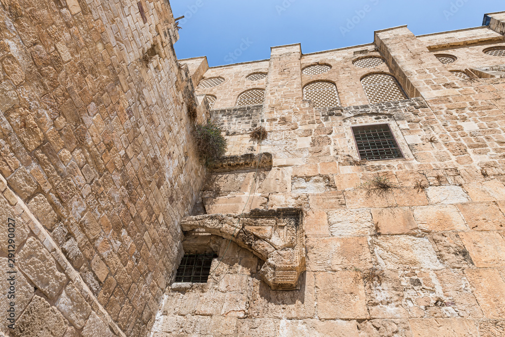 Part of the wall of the Temple Mount with a walled passage near the Dung Gate in the Old City in Jerusalem, Israel