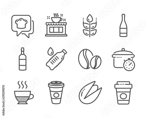 Set of Food and drink icons, such as Pistachio nut, Takeaway coffee, Coffee beans, Doppio, Water bottle, Brandy bottle, Gluten free, Boiling pan, Cooking hat line icons. Pistachio nut icon. Vector