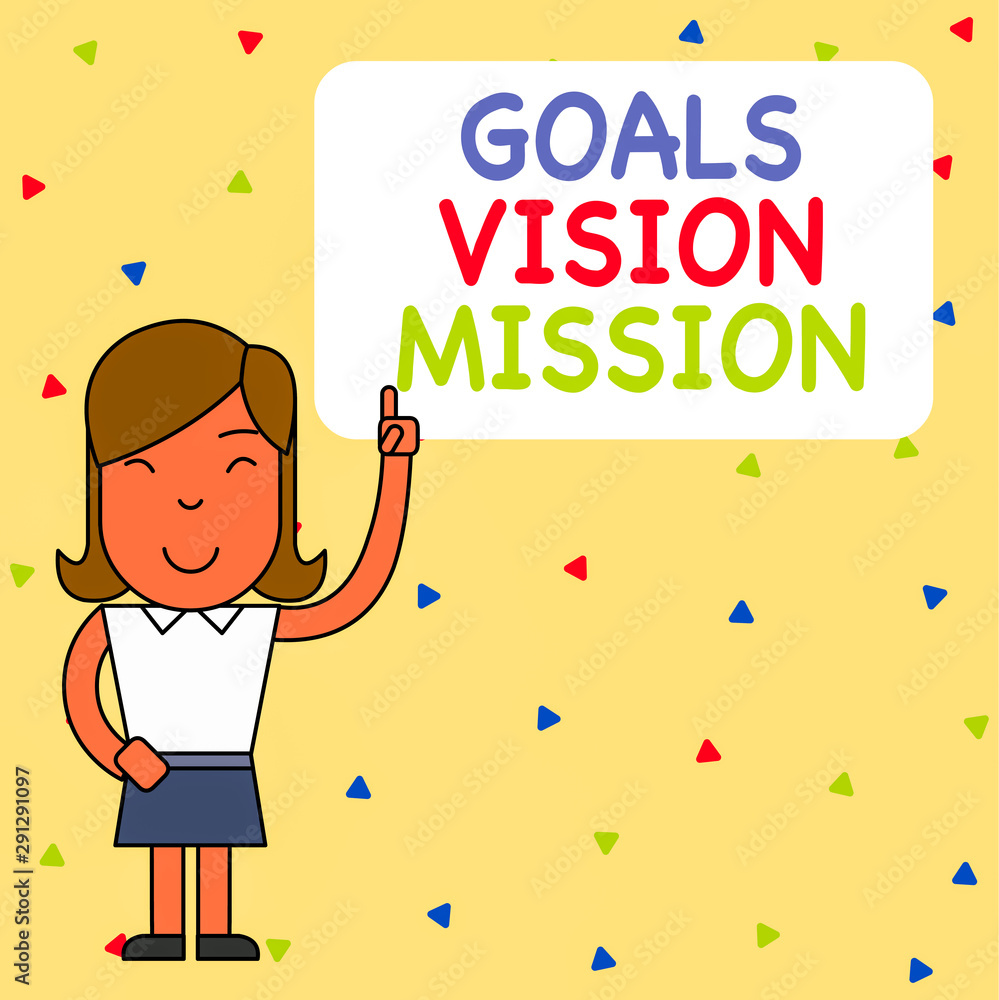 Word writing text Goals Vision Mission. Business photo showcasing practical planning process used to help community group Woman Standing with Raised Left Index Finger Pointing at Blank Text Box Word writing text Goals Vision Mission. Business photo showcasing practical planning process used to help community group Woman Standing with Raised Left Index Finger Pointing at Blank Text Box