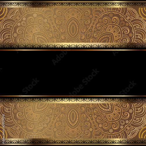 Vintage ornamental frame with gold lace border pattern. Golden background for wine label or packaging design with place for text.
