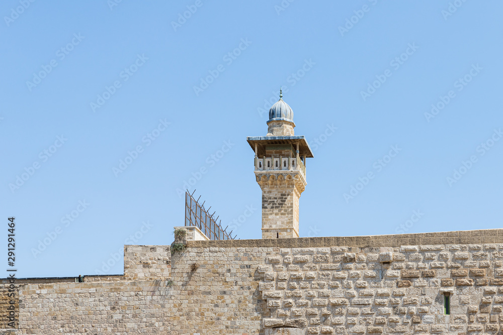 Part of the wall of the temple mountain with White Mosque near the Dung Gate in the Old City in Jerusalem, Israel