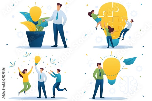 Set Flat 2D concepts to create new ideas, business startup. Brainstorm business ideas. For Concept for web design