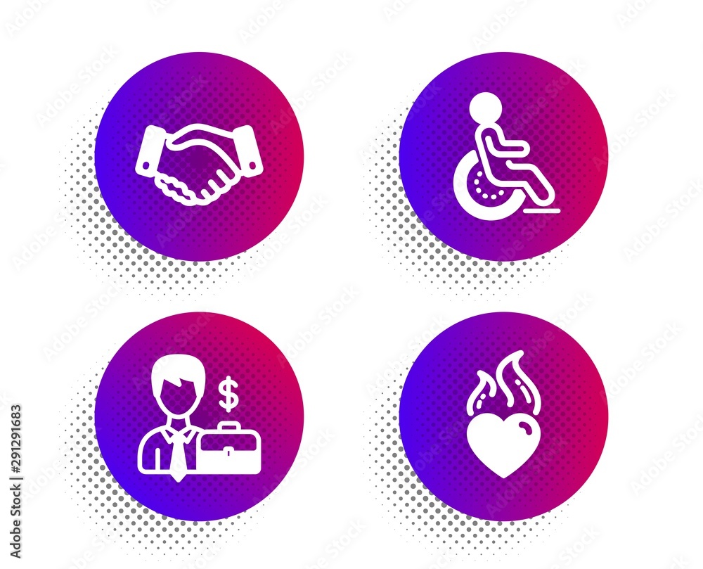 Businessman case, Disability and Employees handshake icons simple set. Halftone dots button. Heart flame sign. Human resources, Disabled person, Deal hand. Love fire. People set. Vector Businessman case, Disability and Employees handshake icons simple set. Halftone dots button. Heart flame sign. Human resources, Disabled person, Deal hand. Love fire. People set. Vector