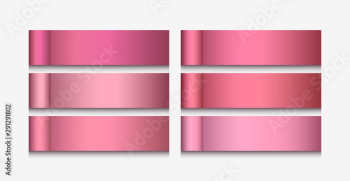 Shiny gradients in various shades of gold rose color, set of foil paper ribbons isolated on white background, elegant collection of matte pink banners, decorative labels for luxury cosmetic design