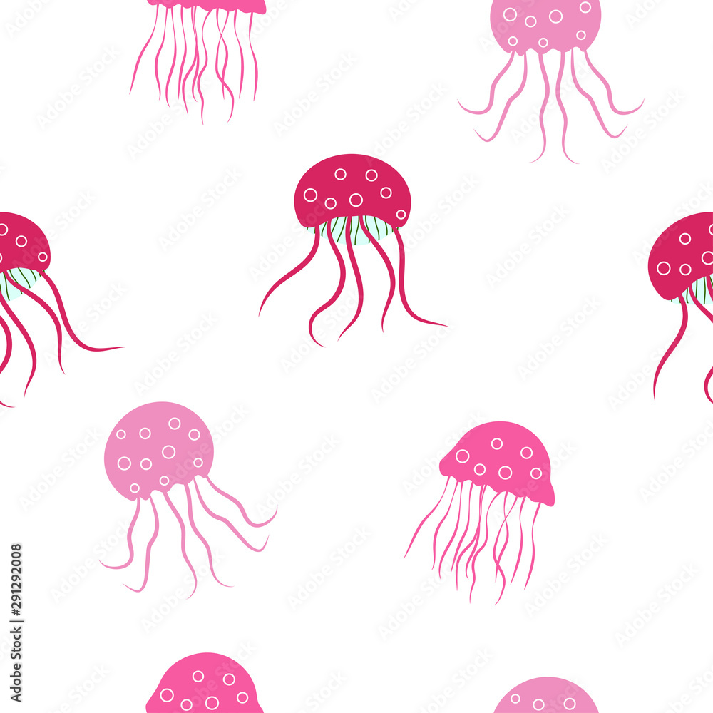 Seamless pattern: pink isolated jellyfish on a white background. Flat vector. Illustration. Seamless pattern: pink isolated jellyfish on a white background. Flat vector. Illustration.
