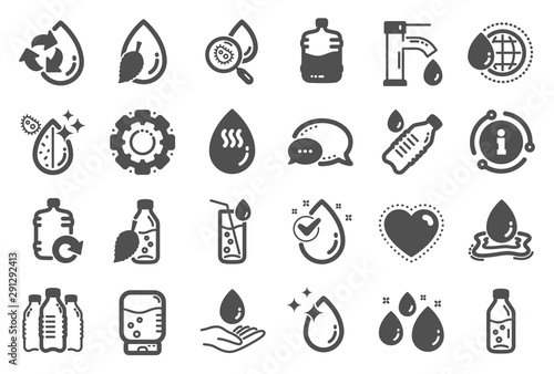 Water drop icons. Set of Bottle, Antibacterial filter and Tap water icons. Bacteria, Cooler and Refill barrel bottle. Liquid drop, antibacterial cleaner and drink machine, tap. Quality set. Vector