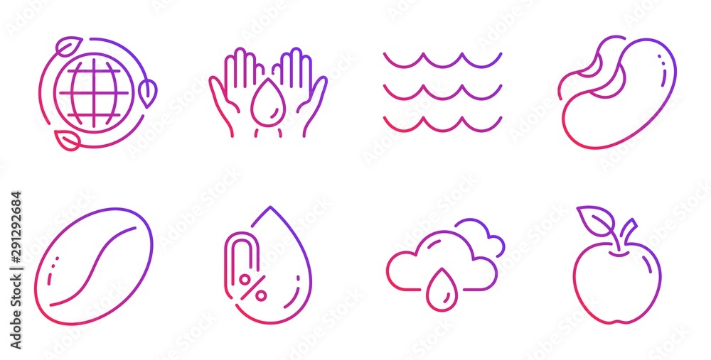 Rainy weather, No alcohol and Coffee beans line icons set. Safe water, Eco energy and Waves signs. Beans, Apple symbols. Rain, Mineral oil. Nature set. Gradient rainy weather icon. Vector Rainy weather, No alcohol and Coffee beans line icons set. Safe water, Eco energy and Waves signs. Beans, Apple symbols. Rain, Mineral oil. Nature set. Gradient rainy weather icon. Vector
