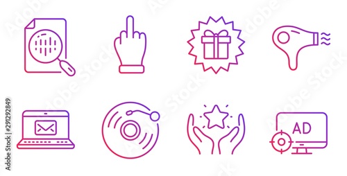 Hair dryer, E-mail and Middle finger line icons set. Vinyl record, Surprise gift and Ranking signs. Analytics chart, Seo adblock symbols. Hairdryer, New message. Business set. Vector