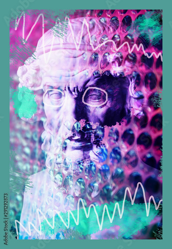 Fototapeta Naklejka Na Ścianę i Meble -  Contemporary art concept collage with antique statue head in a surreal style. Modern unusual art.