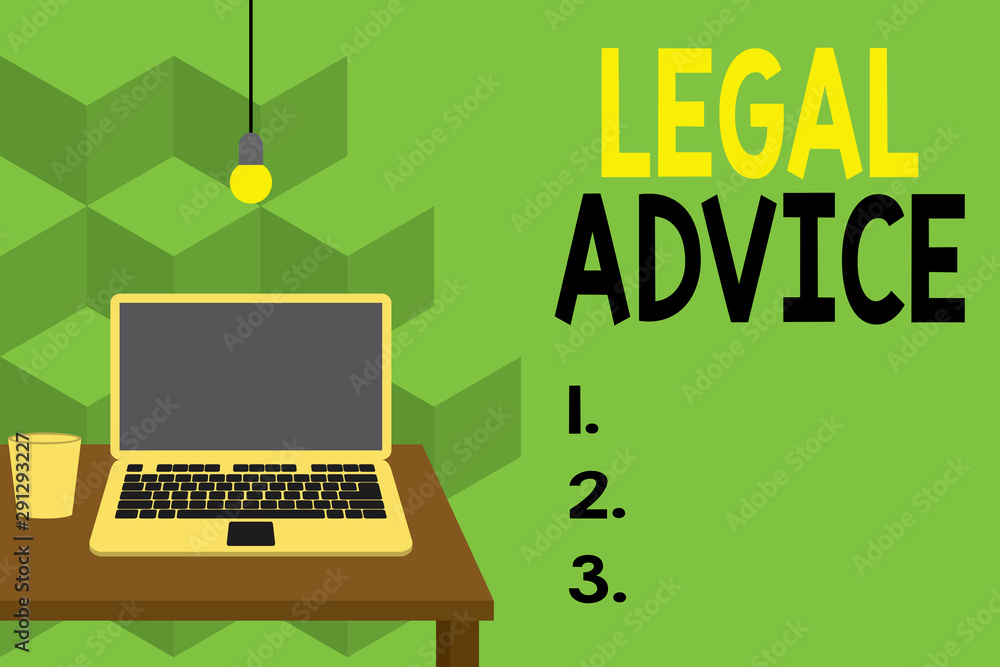 Text sign showing Legal Advice. Business photo text Lawyer opinion about law procedure in a particular situation Front view open laptop lying on wooden desktop light bulb falling glass Text sign showing Legal Advice. Business photo text Lawyer opinion about law procedure in a particular situation Front view open laptop lying on wooden desktop light bulb falling glass
