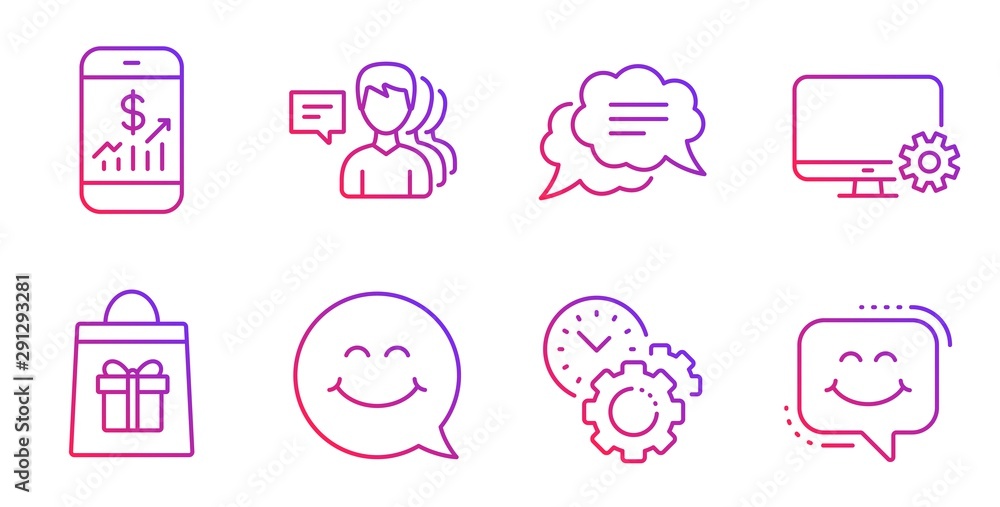 Monitor settings, Time management and People line icons set. Text message, Smile face and Mobile finance signs. Holidays shopping, Smile chat symbols. Service cogwheel, Settings. Vector Monitor settings, Time management and People line icons set. Text message, Smile face and Mobile finance signs. Holidays shopping, Smile chat symbols. Service cogwheel, Settings. Vector