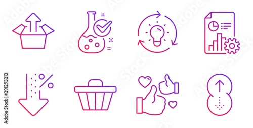 Send box, Like and Idea line icons set. Low percent, Chemistry lab and Report signs. Shop cart, Swipe up symbols. Delivery package, Thumbs up. Technology set. Gradient send box icon. Vector