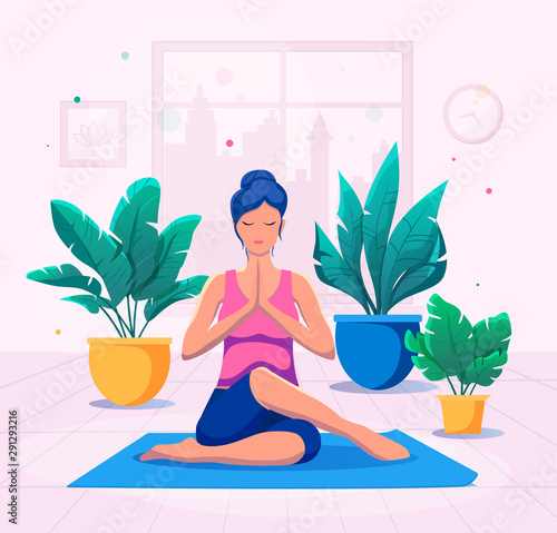 Woman doing yoga at home vector illustration. Healthy lifestyle.