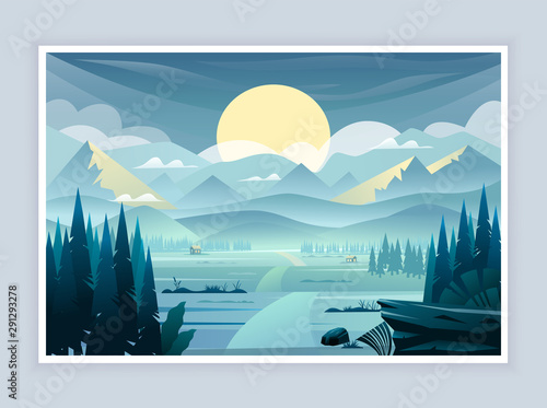 Vector landscape with mountains, sunset and fir-trees.
