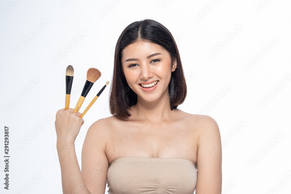 Beautiful Young Asian Woman short hair  with Clean Fresh Skin. Face care, Facial treatment, Cosmetology, beauty and healthy skin and cosmetic ideas concept.