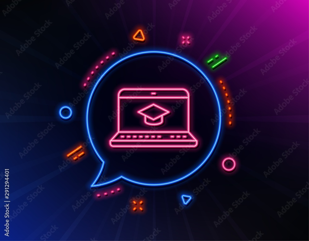 Online Education line icon. Neon laser lights. Notebook or Laptop sign. Graduation cap symbol. Glow laser speech bubble. Neon lights chat bubble. Banner badge with website Education icon. Vector