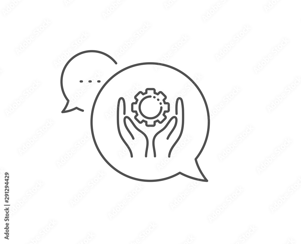 Employee hands line icon. Chat bubble design. Work gear sign. Development cogwheel symbol. Outline concept. Thin line employee hand icon. Vector Employee hands line icon. Chat bubble design. Work gear sign. Development cogwheel symbol. Outline concept. Thin line employee hand icon. Vector