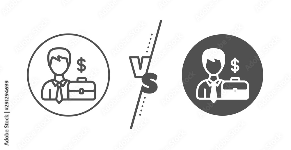 Diplomat with Dollar sign. Versus concept. Businessman with Case line icon. Line vs classic businessman case icon. Vector