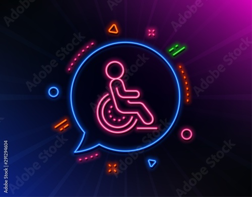 Disability line icon. Neon laser lights. Disabled person sign. Hotel service symbol. Glow laser speech bubble. Neon lights chat bubble. Banner badge with disability icon. Vector