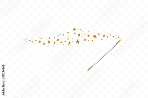 Magic wand with a stars on transparent background. Trace of gold dust. Magic abstract background isolated. Miracle and magic. Vector illustration flat design