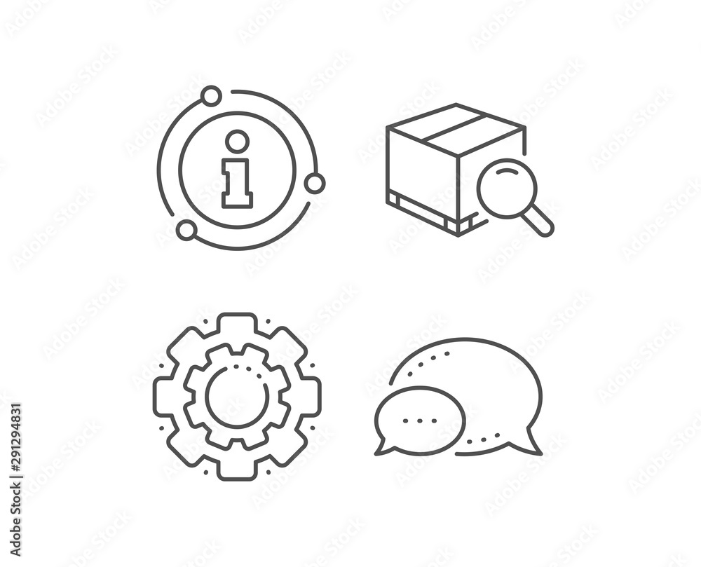 Search package line icon. Chat bubble, info sign elements. Delivery box sign. Parcel tracking symbol. Linear search package outline icon. Information bubble. Vector Search package line icon. Chat bubble, info sign elements. Delivery box sign. Parcel tracking symbol. Linear search package outline icon. Information bubble. Vector