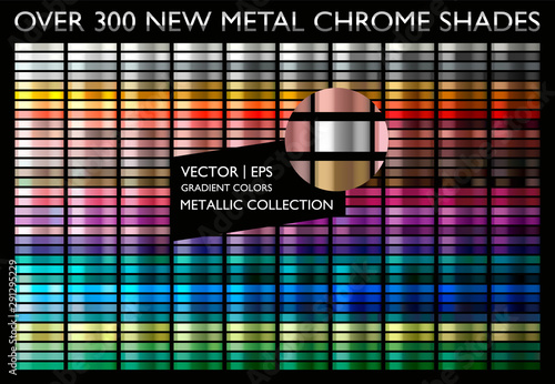 Metal gradient color set. Chrome texture surface background template for screen, mobile, digital, web. Metallic and chromium shade combination. Gold, silver, bronze colorful palette collection.