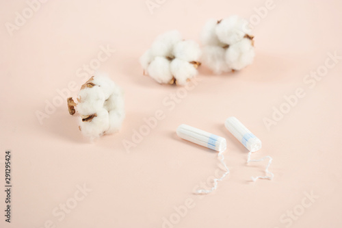 Hygienic tampons on a pink background. Next to tampons are cotton flowers. The concept of naturalness, freshness and purity.