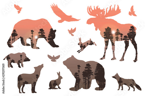 Forest animals sunrise- silhouettes, elements set white isolated. Basis graphics for eco design