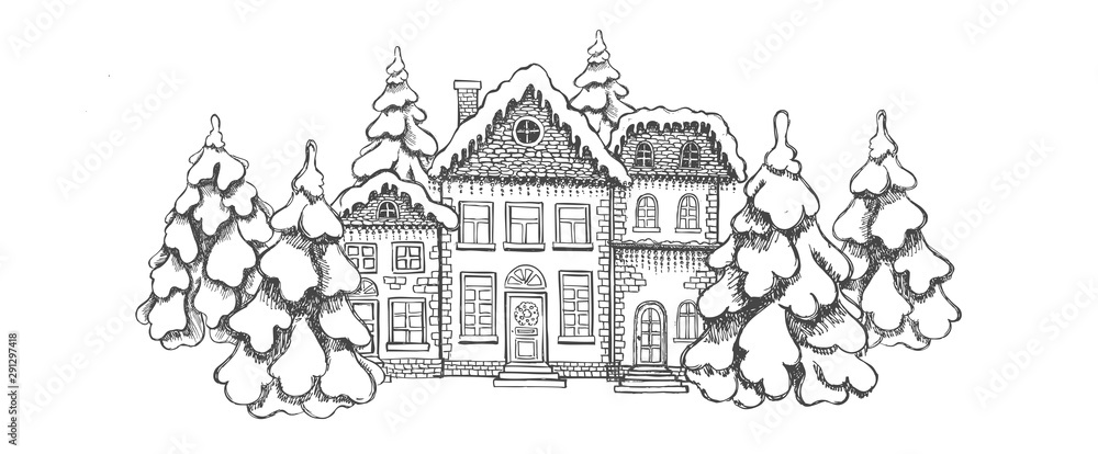 Obraz premium Illustration of houses. Christmas Greeting card. Set of hand drawn buildings.