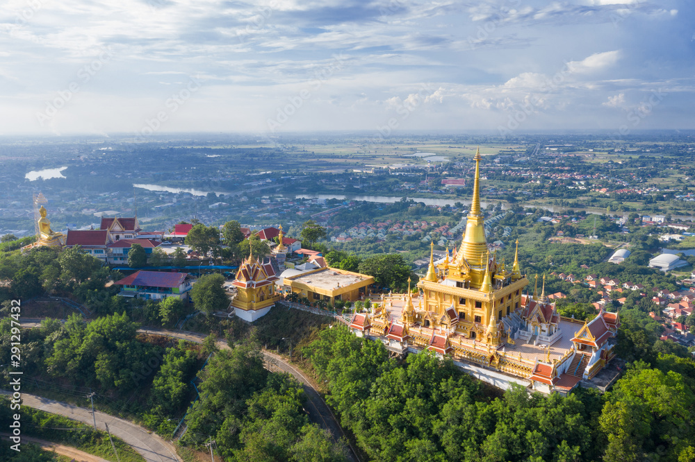 Golden mountain on the top of mountain backgroud city town in Thailand