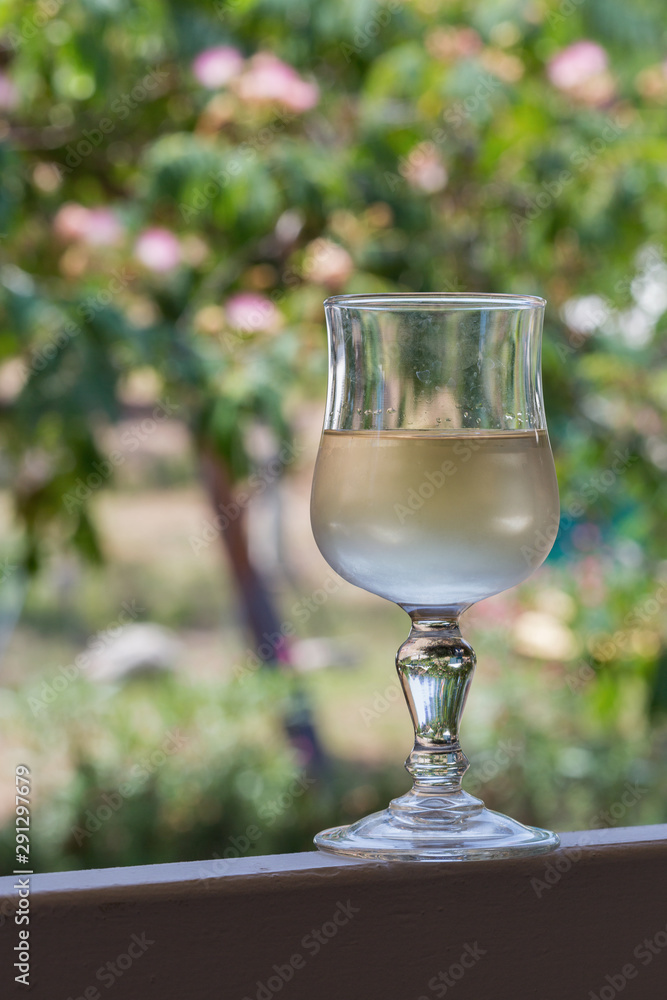 White wine glass outdoor closeup White wine glass outdoor closeup