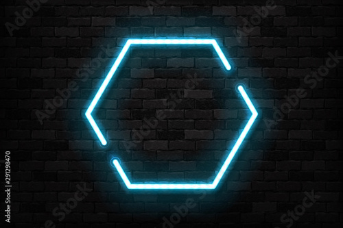 Vector realistic isolated neon sign of blue hexagon frame for template invitation decoration and layout promo covering on the wall background.