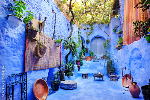 Street market in Chefchaouen, Morocco. Traditional moroccan architectural details.